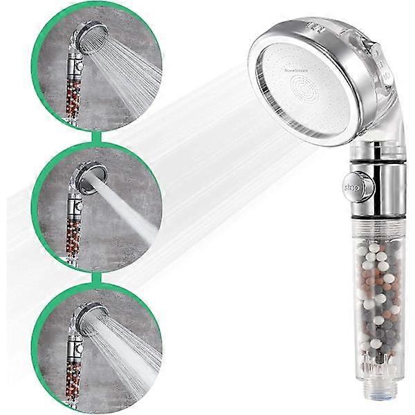 Shower Head with Pressure Filter for Hard Water with 3 Spray Settings – with EcoStop Button (ON/OFF) for non-electric showers