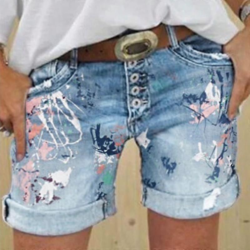Unbrand Short en jean décontracté à imprimé tie-dye pour femme taille haute avec trous retroussés ét