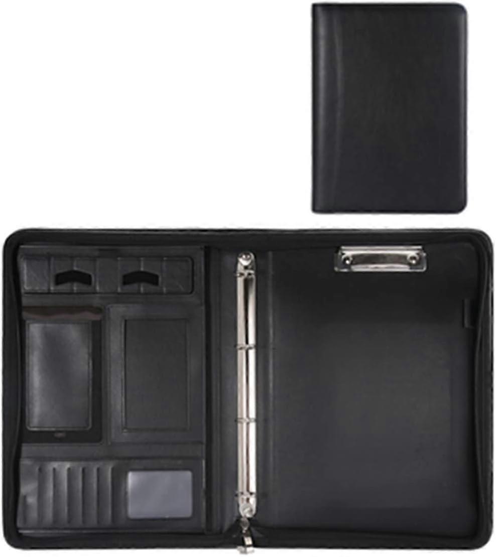 Conference Folder A4 with Zipper, PU Leather Document Holder, Business Ring Binder with Phone Stand, Black Color