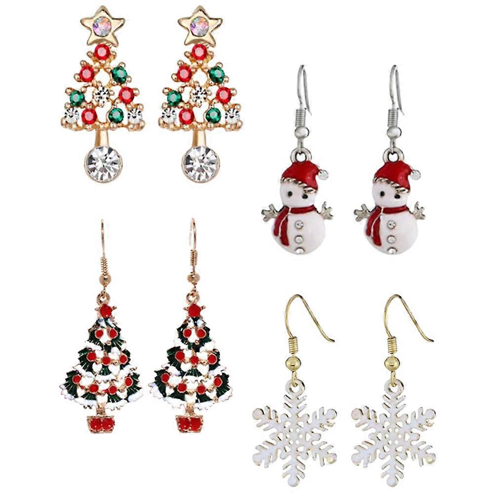 Xmas Tree Earrings 4 Pairs Snowflake Snowman Design For Families 2.4x1.2cm Assorted Color Suitable For Christmas Party 8Pack