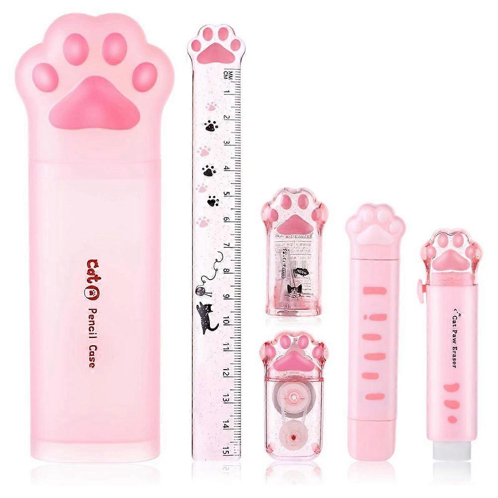Cute Cat Paw Stationery Set, 6 Pcs Kawaii Cat Stationary Kit Pencil Sharpener Retractable Eraser Correction Tape Ruler