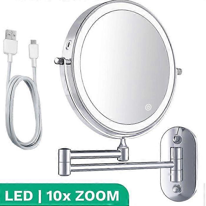 Wall Mounted Makeup Mirror with LED Light - 10X Magnification - Bathroom - Grey