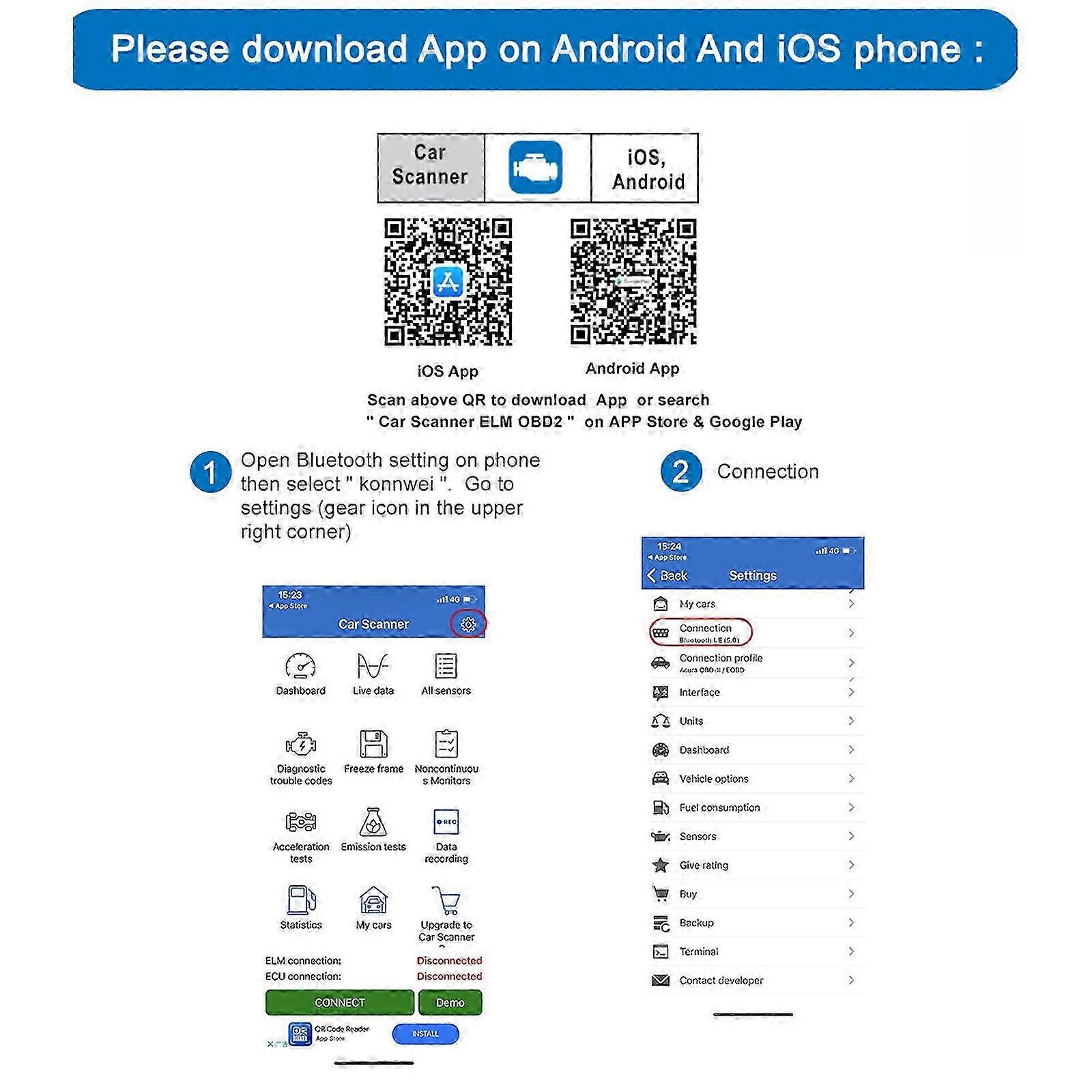 KONNWEI OBD2 Bluetooth Code Reader, Automotive Scanner for Android - Black 2025