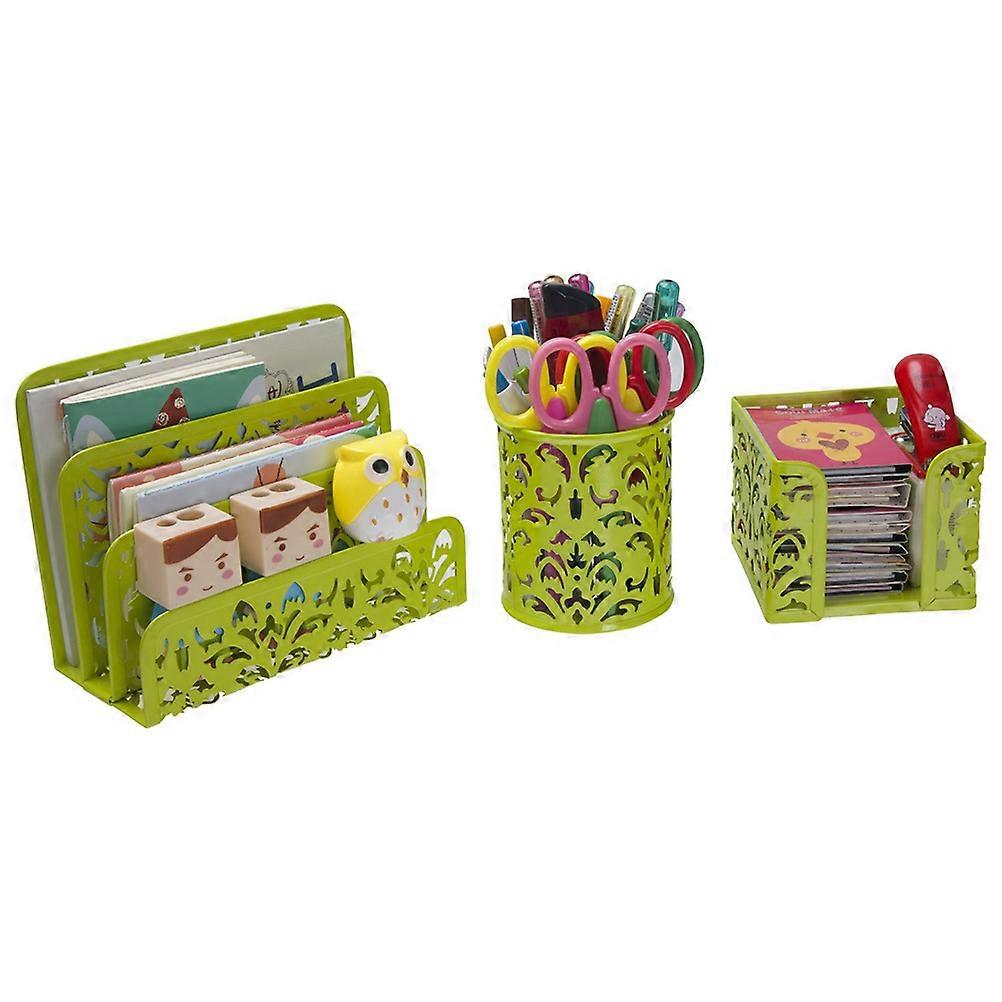 Office Desk Tidy Organiser Set for Storage Green 3Pcs Metal Mesh Design