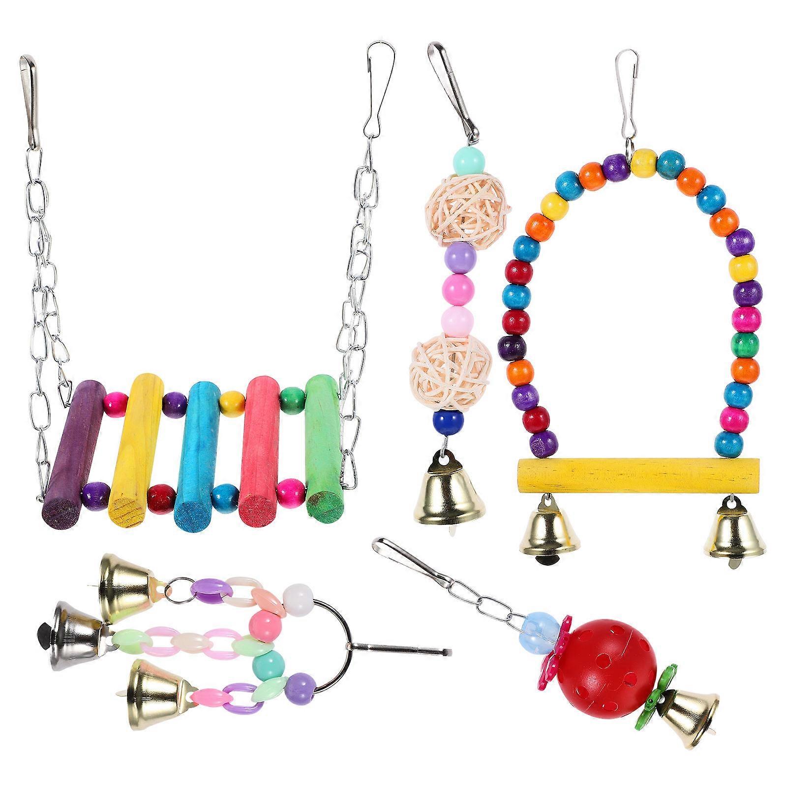 Wooden Parrot Toy Swing Toy for Parakeets 6Pcs with Bell Pendants