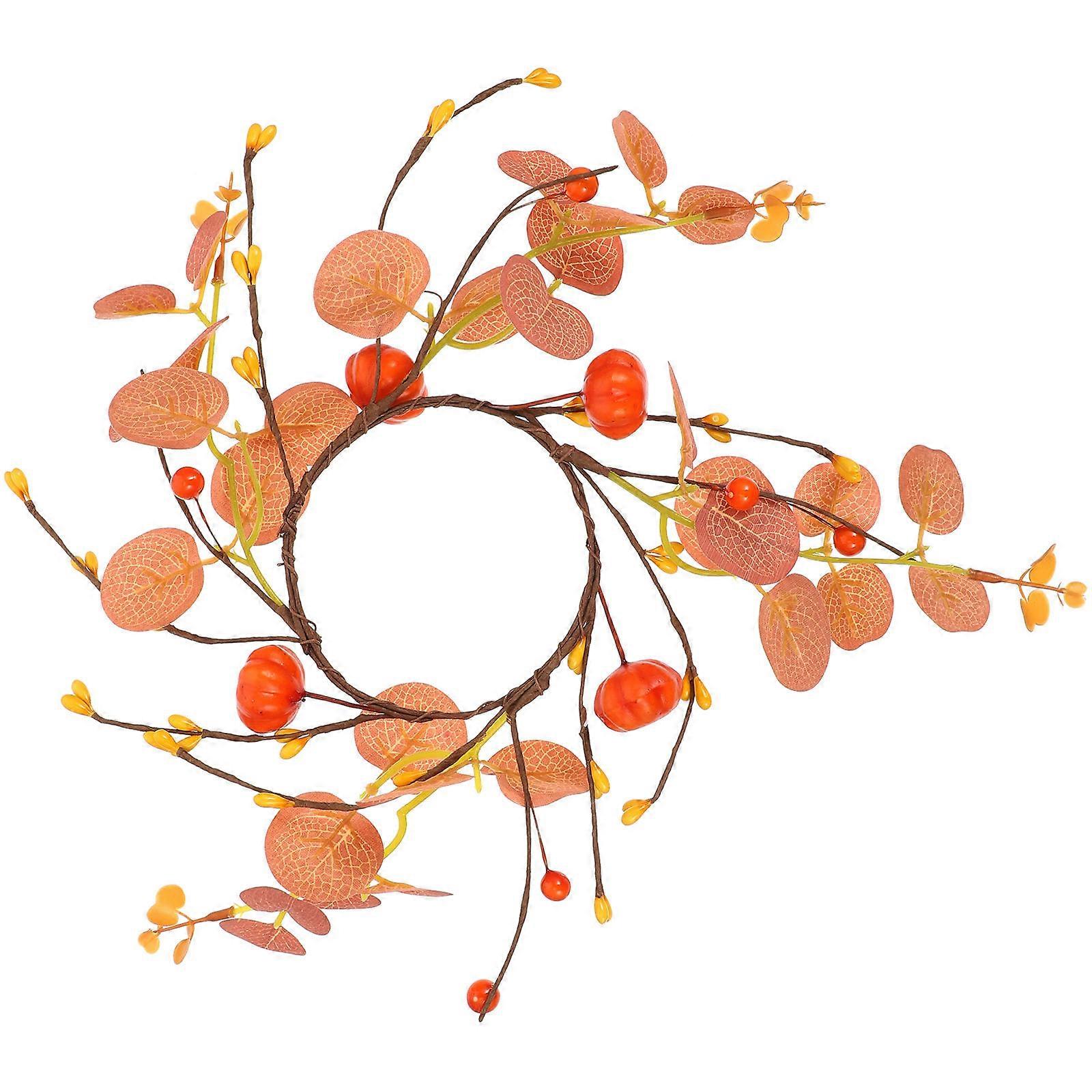 Decorative Multi Color Candle Ring Wreath Featuring Artificial Pumpkin And Eucalyptus Leaves For Autumn Party And Thanksgiving Day 4Pcs