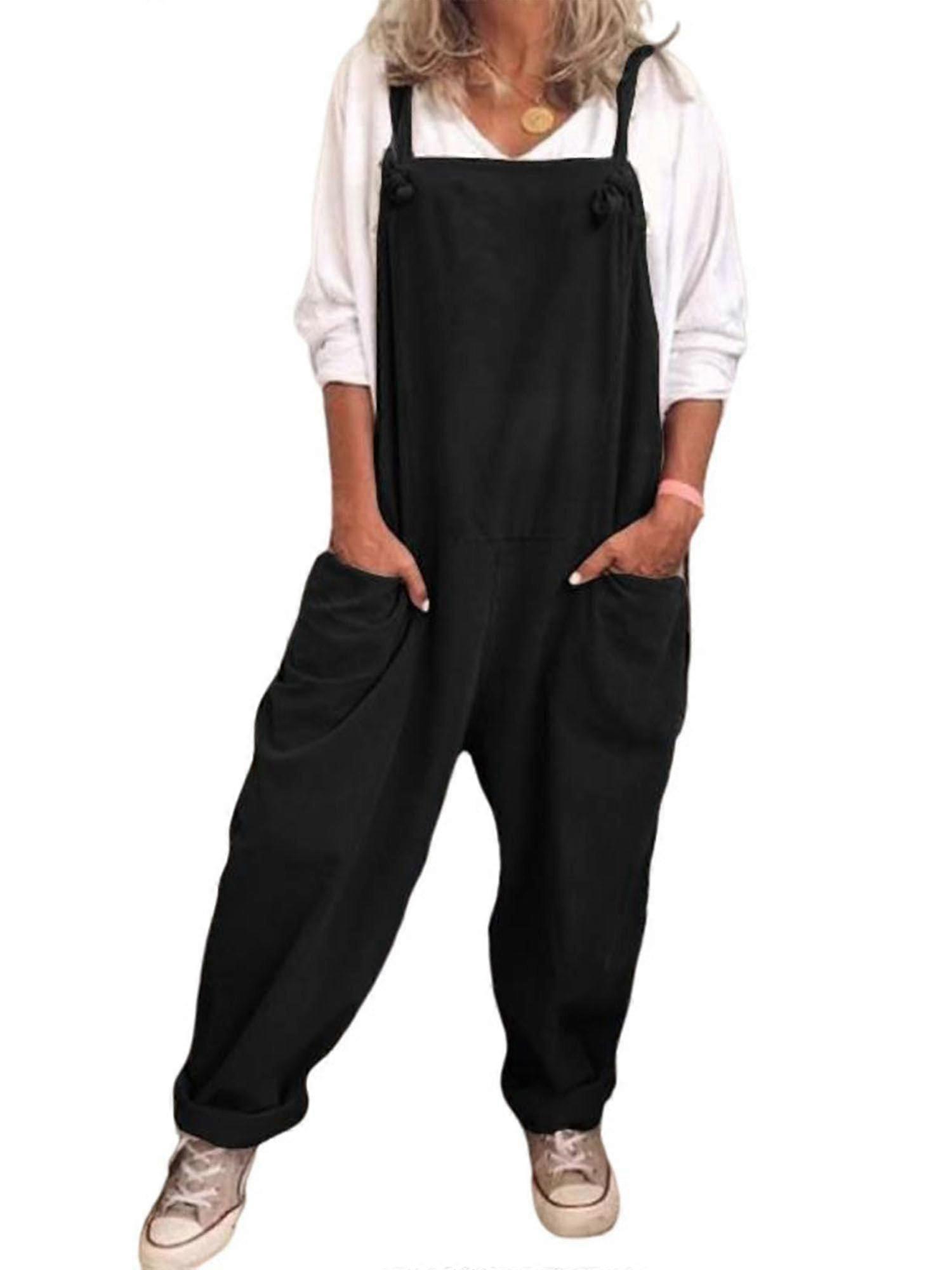 Women Cotton Linen Overall Casual Suspender Pants Lady Summer Trousers