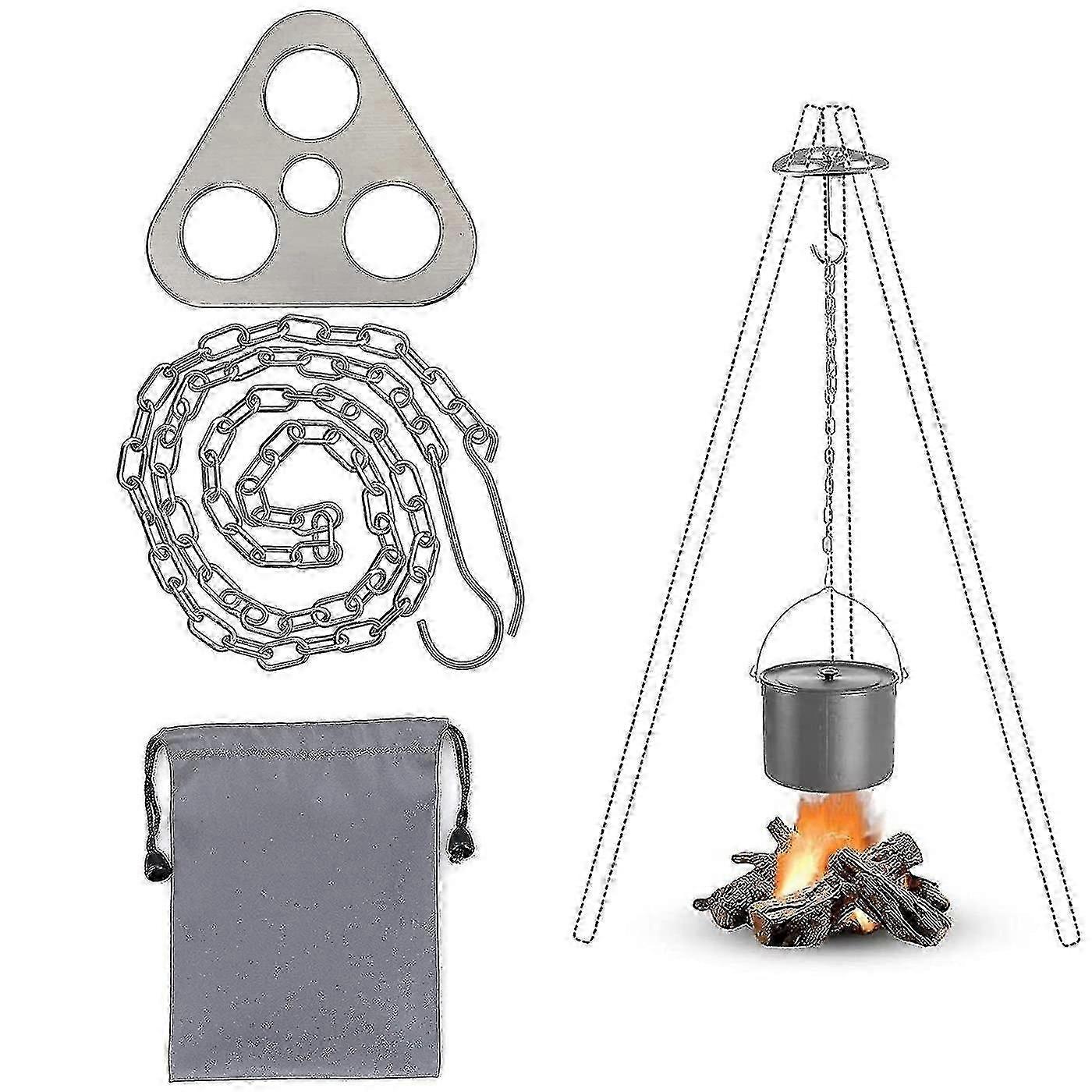 Tripod Grill Accessories, Camping Tripod Grill Board Portable Stainless Steel Camping Cookware Accessories With Adjustable Chain compatible Hanging Co