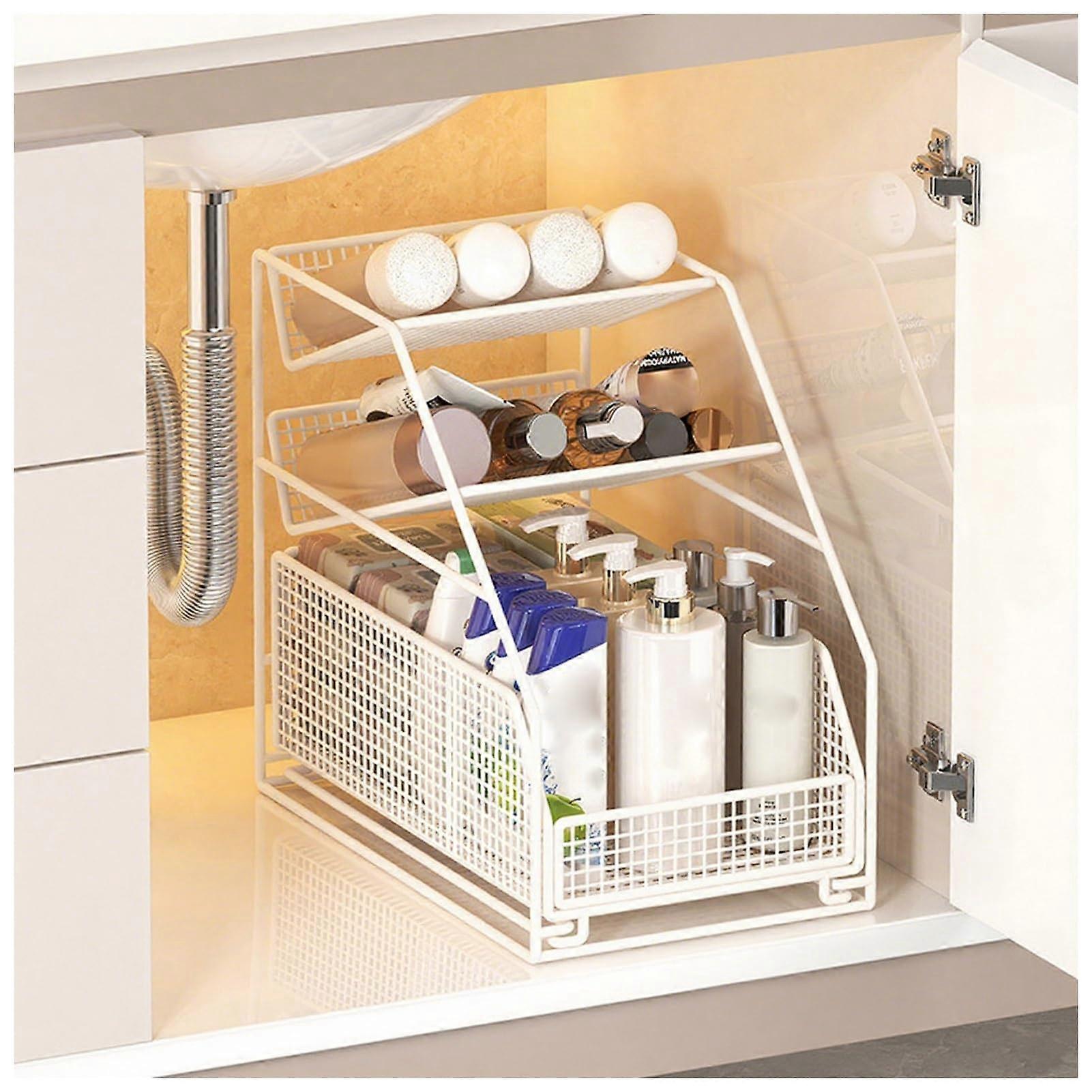 Under Sink Organizer 2Tier PullOut Cabinet Storage Sliding Drawer White Small For Kitchen & Bath