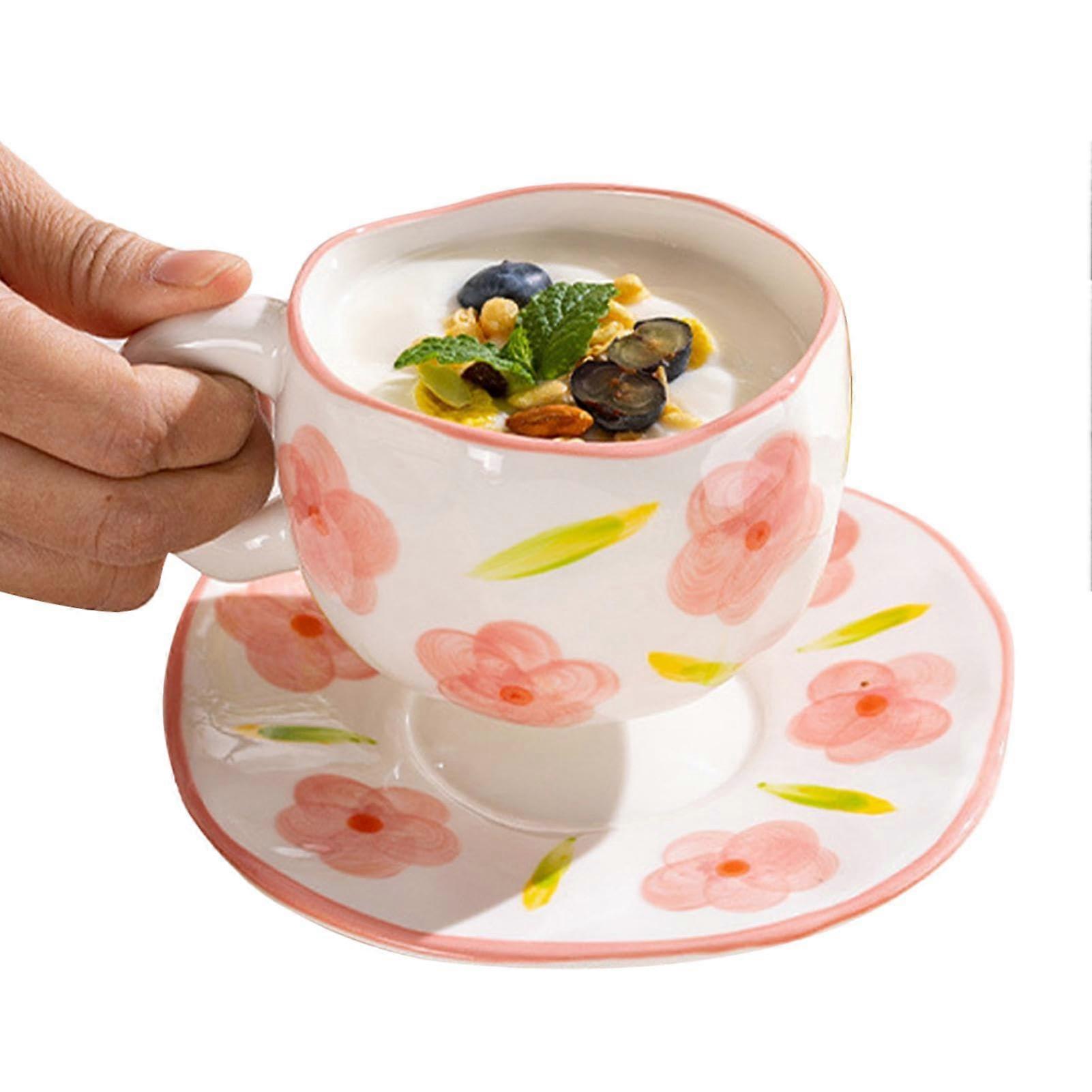 Ceramic Coffee Mug and Saucer Set – Wide Cup Design with Floral Pattern for Home or Office