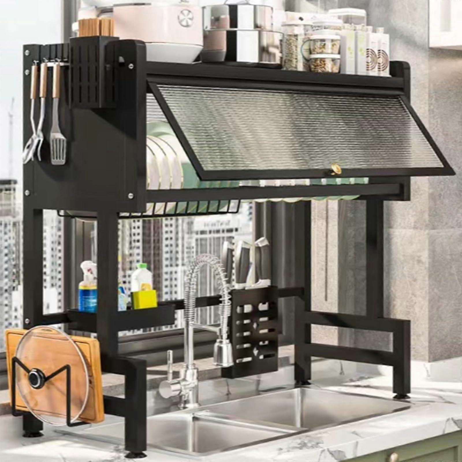 Dustproof TwoTier Over Sink Dish Drying Rack with Cover, Adjustable Large Capacity 65cm Black