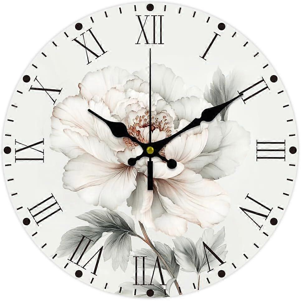 Artistic Peony Wall Clock Non-Ticking Clock 12 Inch Round Decorative Clocks Printed Wall Clock for Home Office Decoration