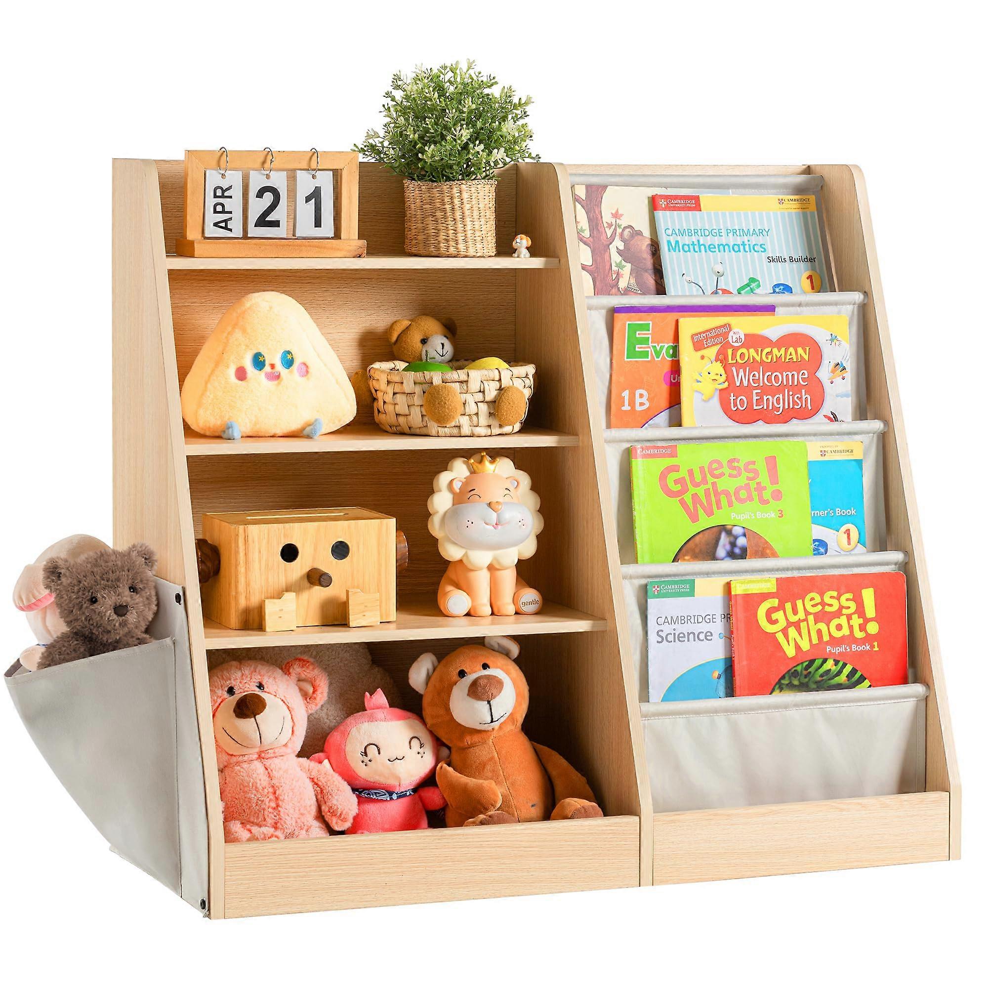 Kids Wooden Bookshelf 4 Tier Sling Book Display with Extra Pocket for Nursery and Playroom