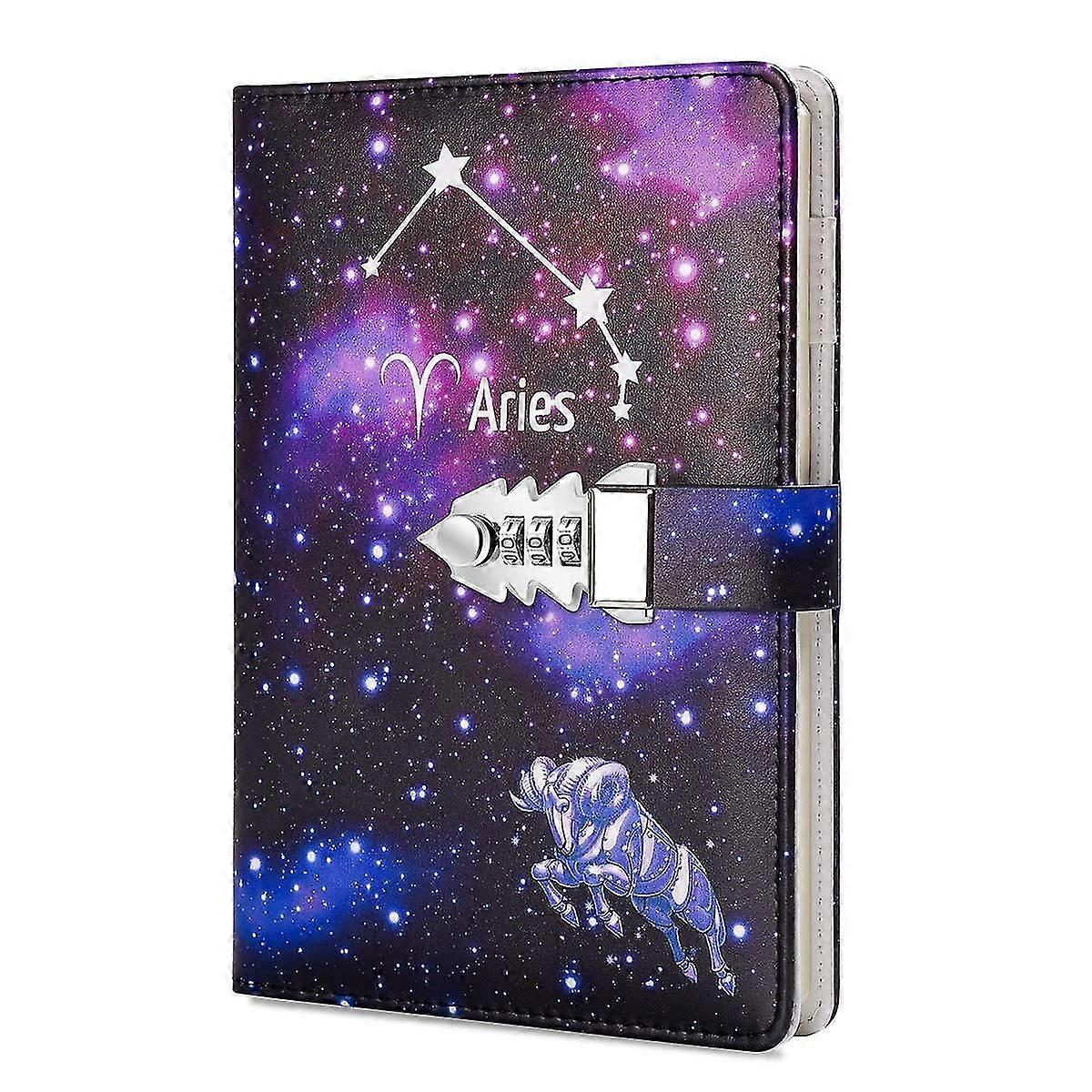 A5 Creative Password Lock Journal Pu Leather Combination Lock Diary Locking Notepad (aries)