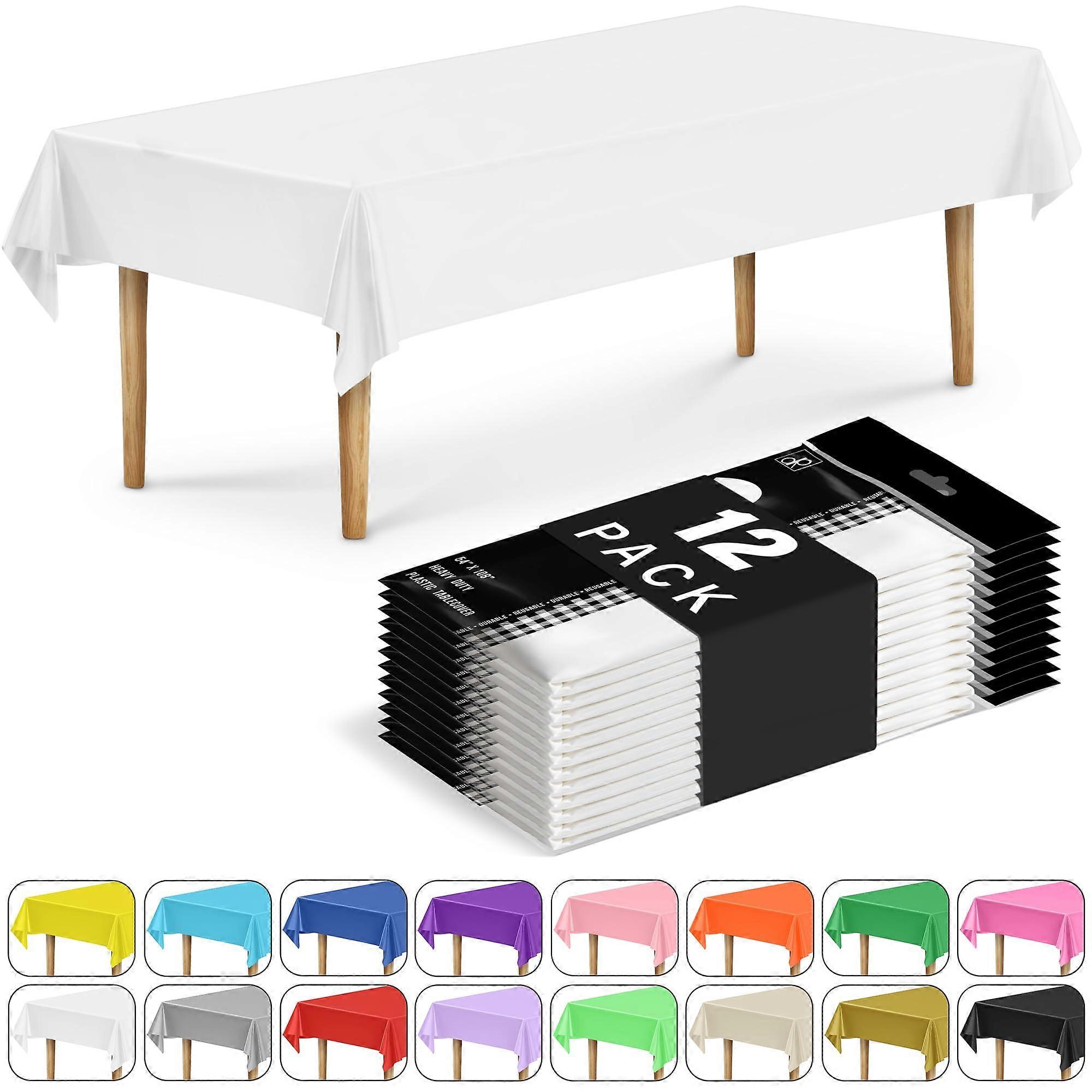12 Pack White Plastic Tablecloths 54 x 108 Disposable or Reusable for Parties Picnic and Dining