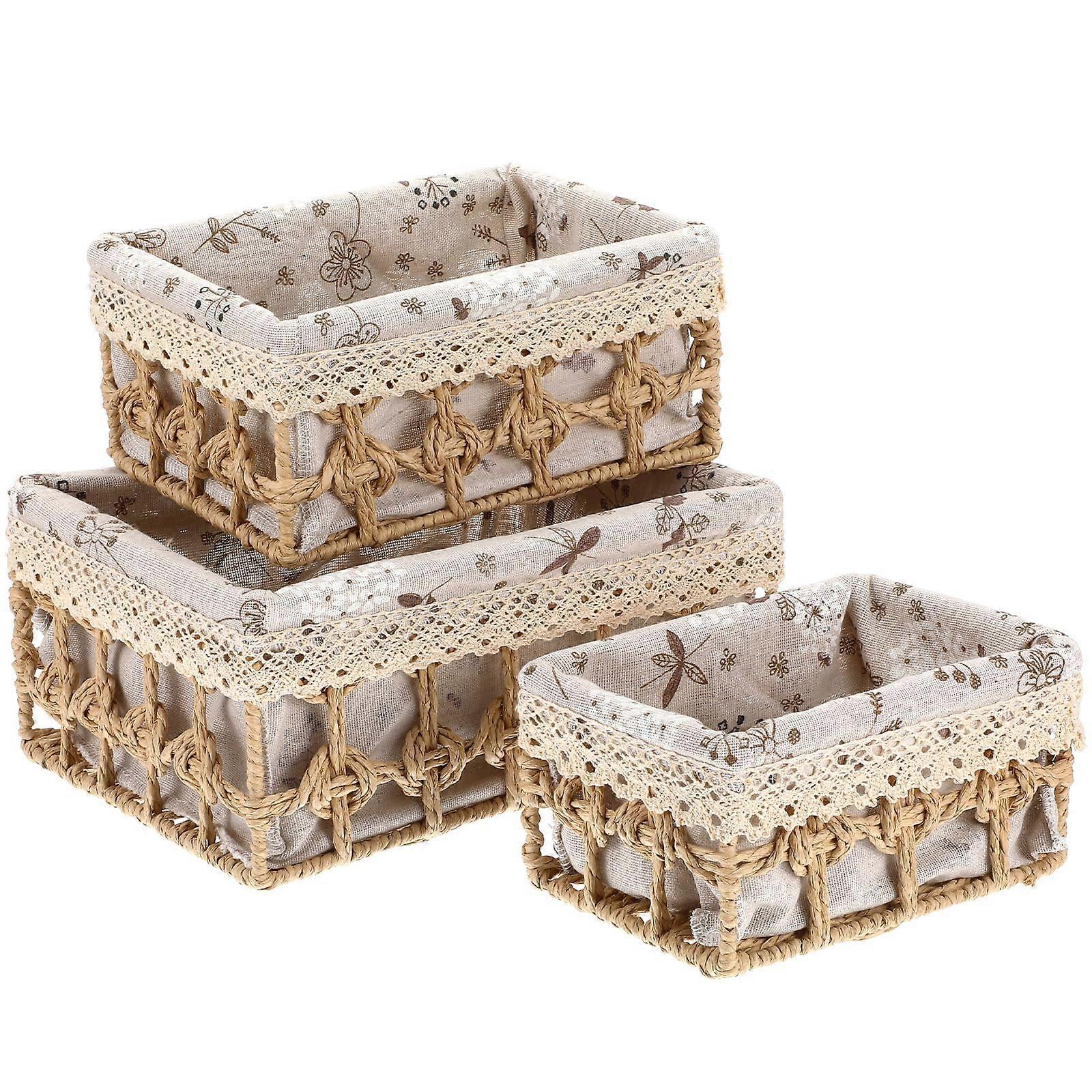 Set of 3 Small Wicker Storage Baskets with Lids, Handwoven Rope Bins with Liners for Shelves