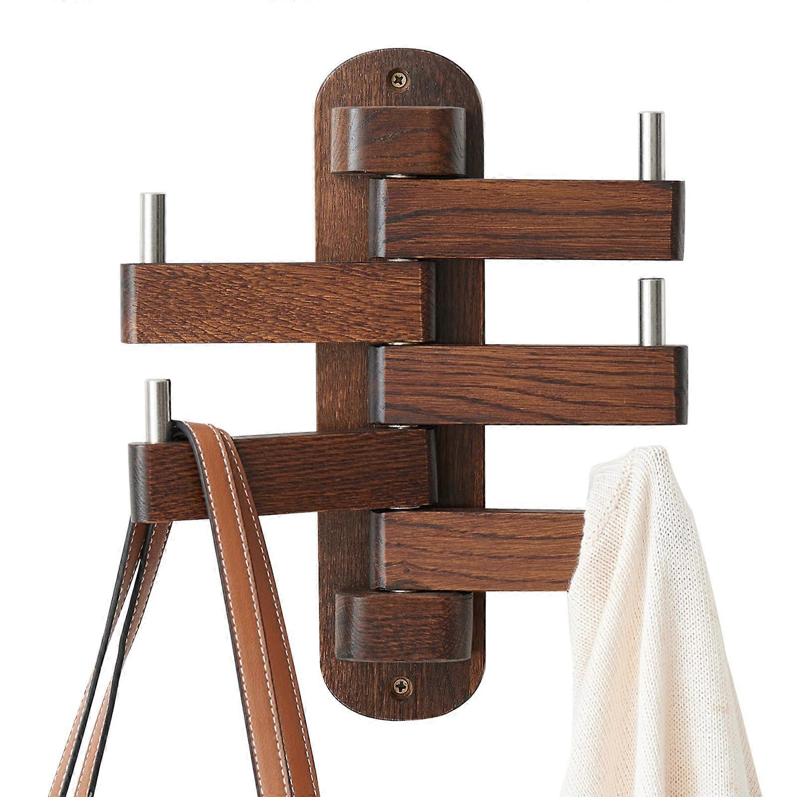 Wall Coat Rack with 5 Foldable Swivel Wooden Hooks, Solid Oak SpaceSaving Design for Entryway