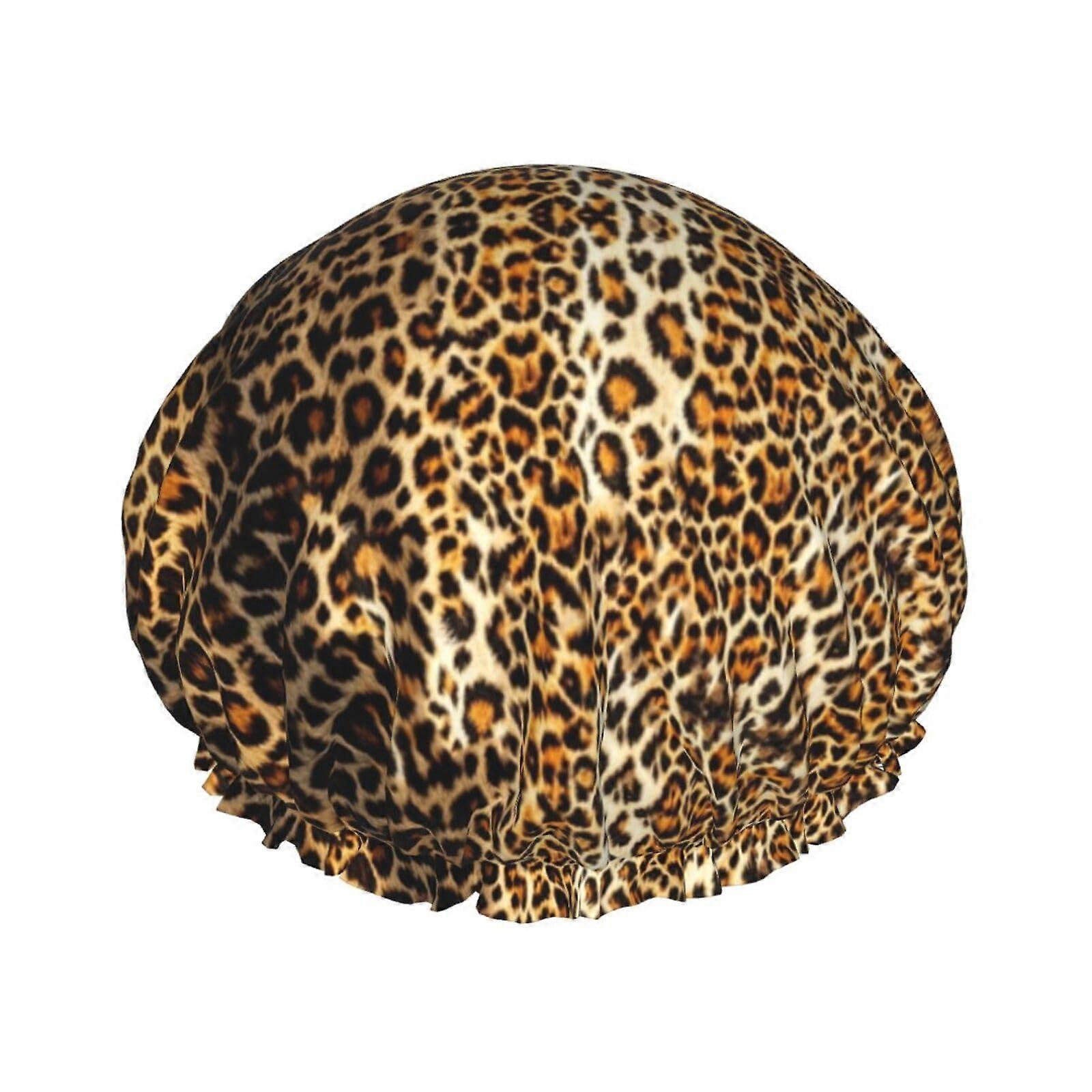 Shower Cap for Women Waterproof Double Layer with Leopard Pattern and Microfiber Hair Drying Wrap