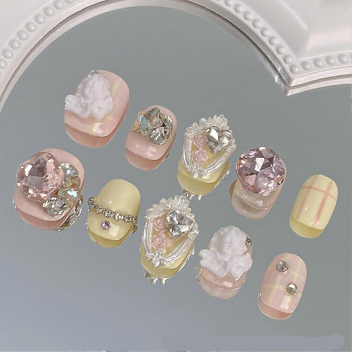 Sweet Sparkling Short Press On Nails 10pcs Durable Handmade False Nail Tips Size S