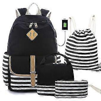 1# USB Schwarz 4-teiliges Set Schüler-Canvas-Rucksack Lunchtasche für Outdoor-Reisen Zf0632 25-26