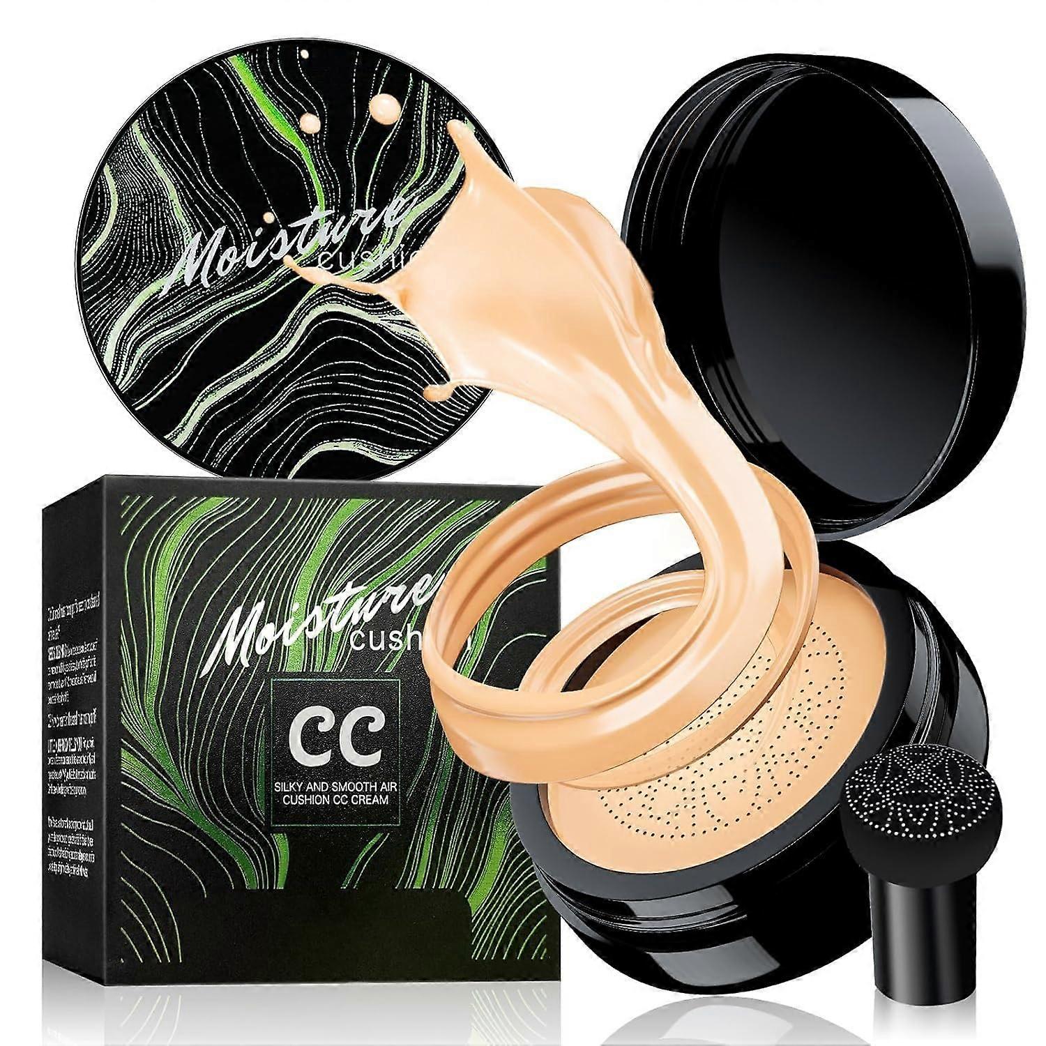 Air Cushion CC Cream Foundation with Mushroom Head Applicator, Full Coverage Long Lasting Buff Beige
