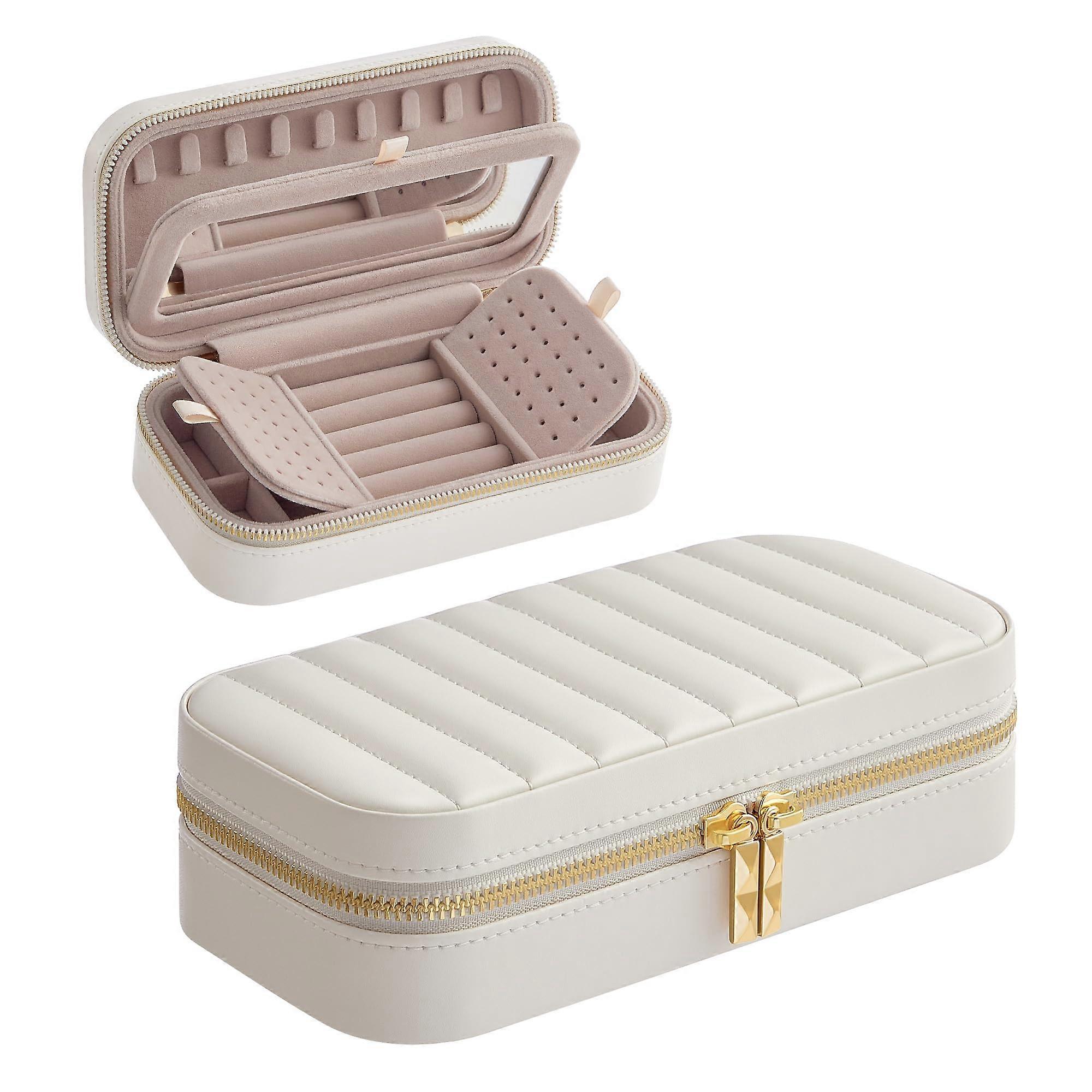 Travel Jewellery Box with Mirror, PU Leather Organizer Case, Adjustable Sections, Cloud White