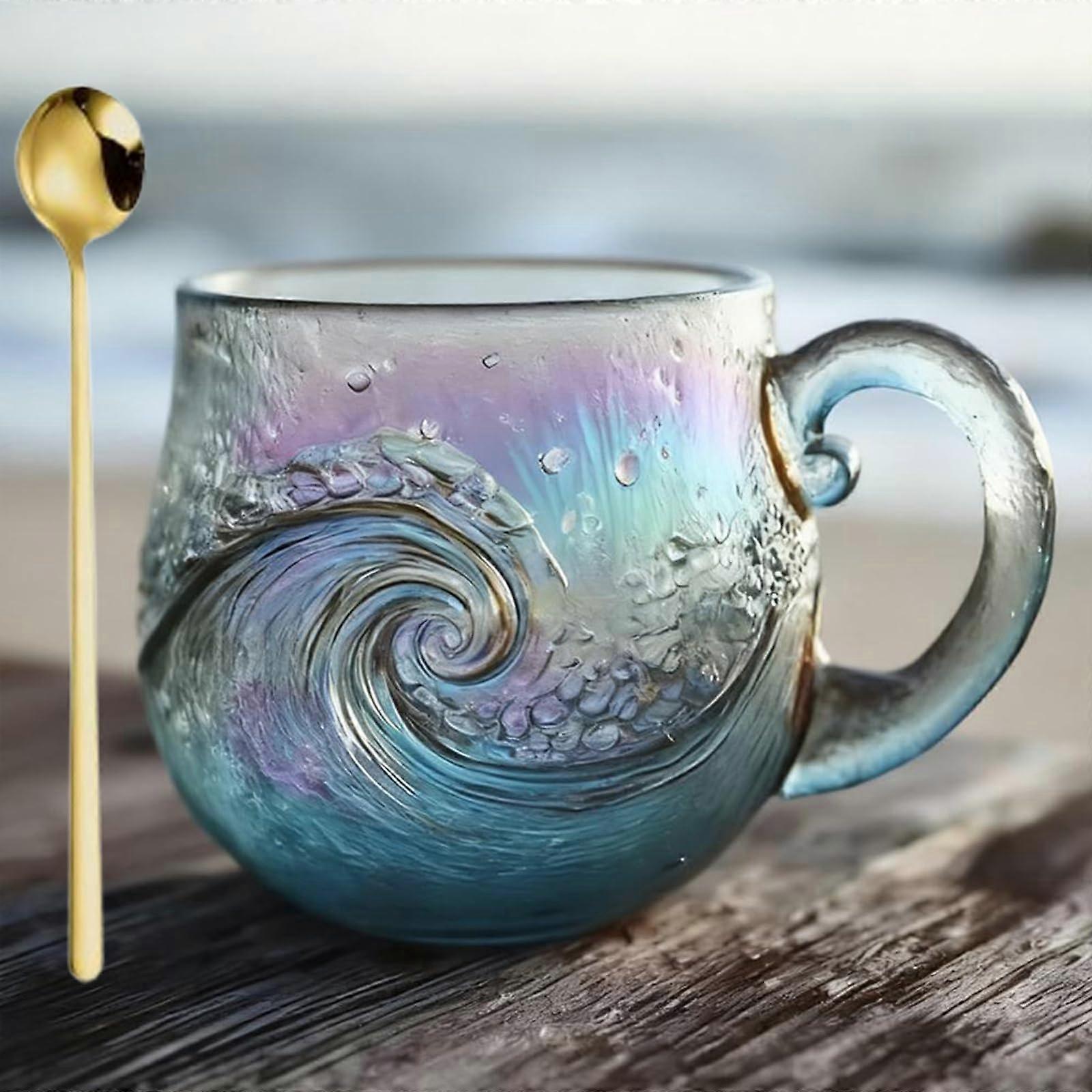 12oz Handcrafted Ocean Theme Coffee Mug with Spoon, Beach Wave Texture, Coastal Drinkware Blue