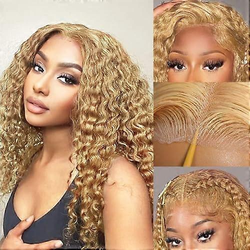 Peruca Lace Front Loiro Mel de 16 Polegadas, Cabelo Humano Cacheado, 13x4 HD, Sem Cola, Pré-desfiada, Densidade 180%
