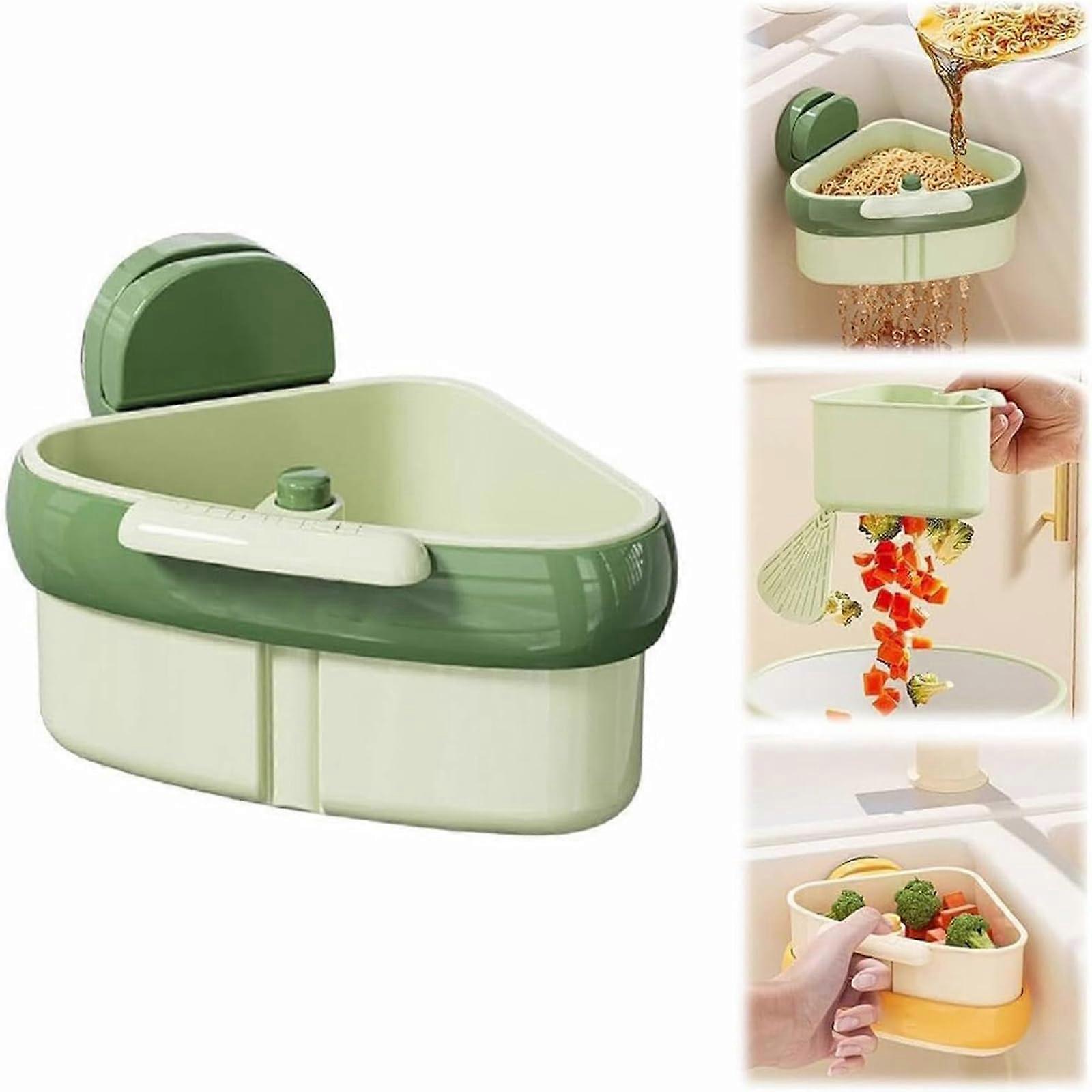 Triangle Corner Sink Strainer with Suction Cups, OneTouch Waste Release, Green Drainer Basket