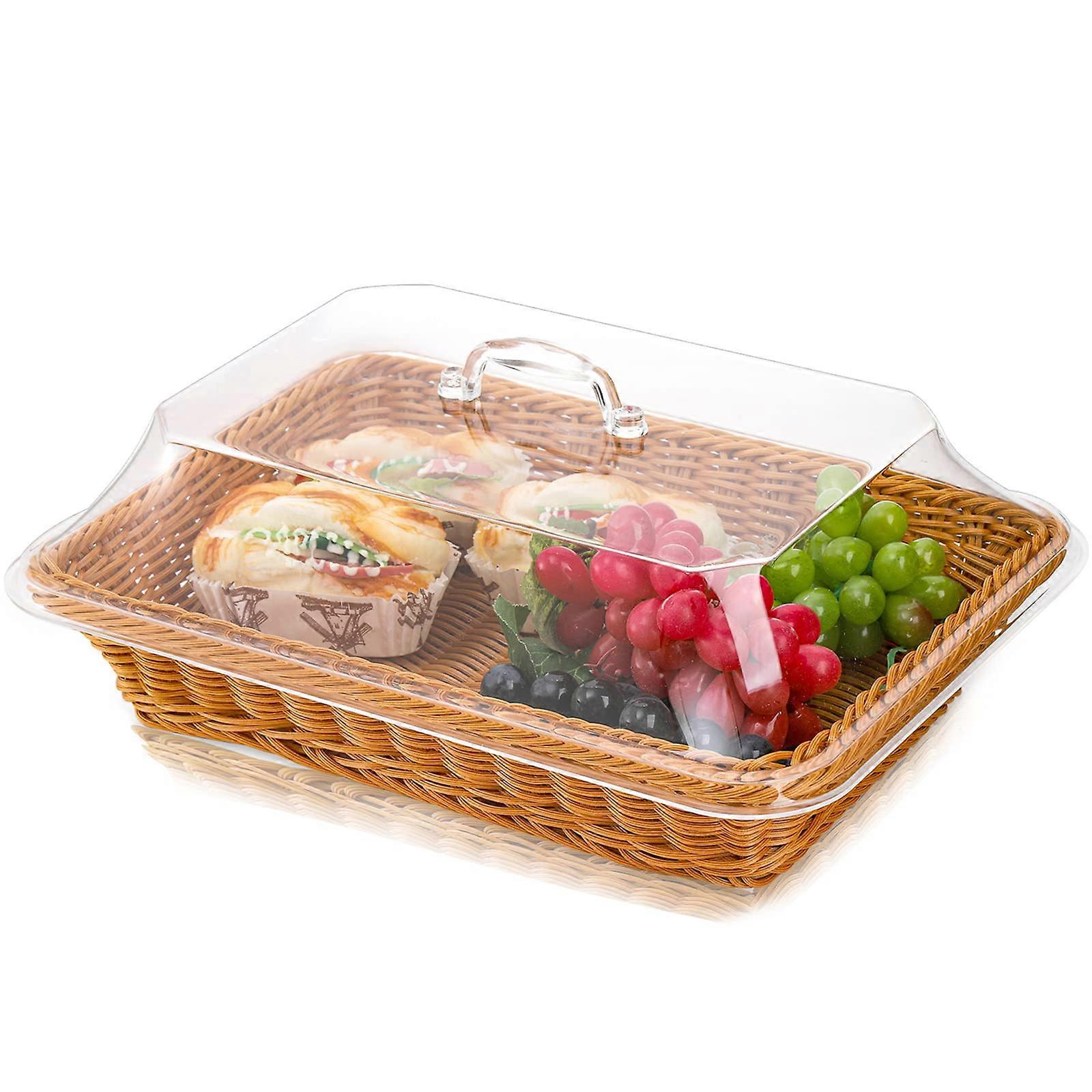 Wicker Bread Basket with DustProof Lid, Rectangular Rattan Serving Tray for Fruit, Vegetables, 13.8'x9.8'