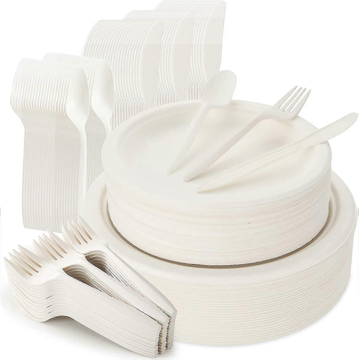 250pcs pratos descartáveis e conjunto de talheres, Kit de louça de bagaço compostável inclui 7 polegadas & 9 polegadas placas de papel, compatíveis, facas e colheres Com