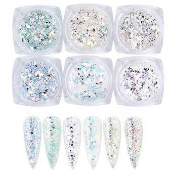 Kit di glitter per nail art olografici, 6 scatole, glitter per unghie 3D, fiocchi metallici brillanti, polvere acrilica, paillettes per decorazione unghie olografica.