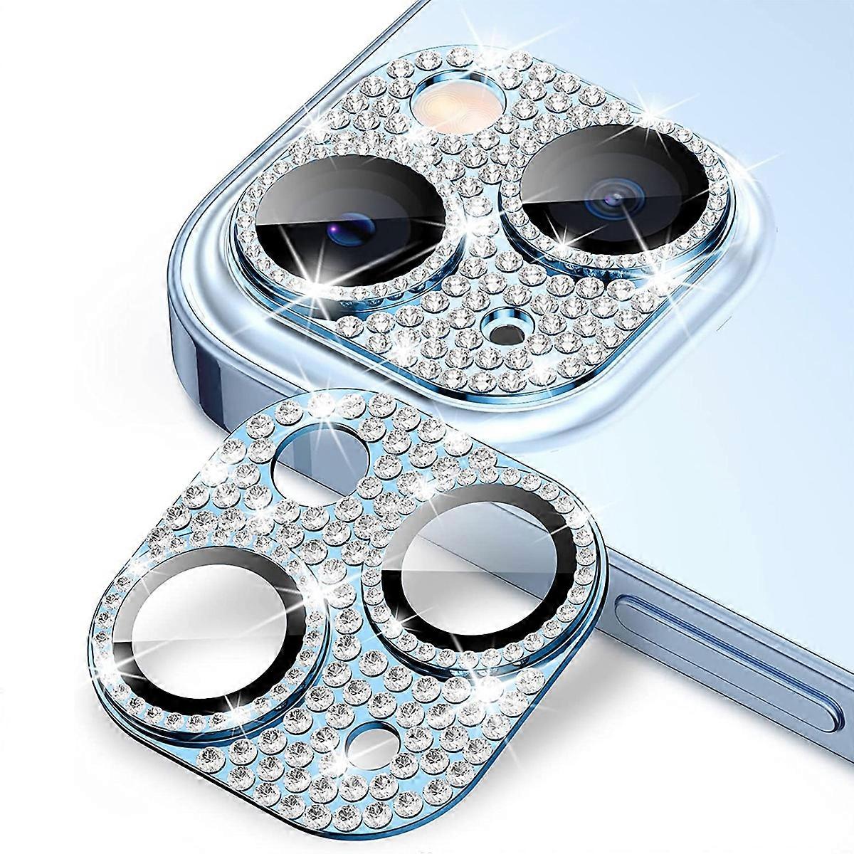 Glitter Protective Glass Camera Lens Cover for Apple iPhone 15 / 15 Plus, H9 Tempered Glass, Light Blue