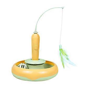 Cat Feather Toy Automatic 360 Degrees Rotating Bell Ball Stable Base Standing Cat Teaser for Family Indoor Yellow Green