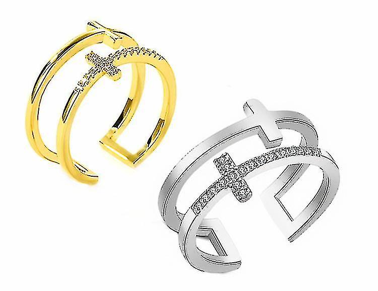 2pcs Double Cross Diamond Lettering Silver Ring Jewelry Gift