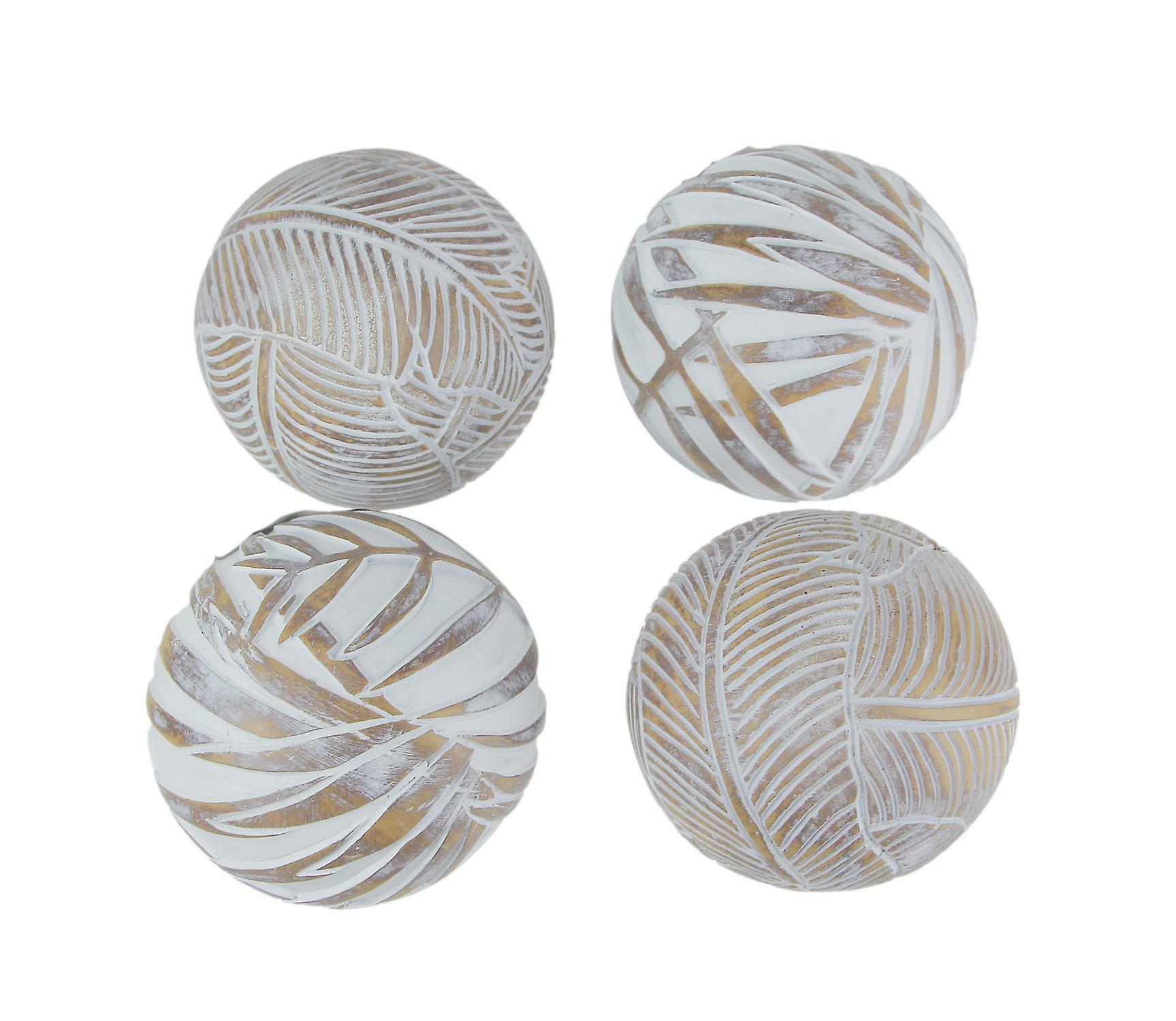 Whitewashed Tropical Leaf Wood Look Decor Balls Set of 4