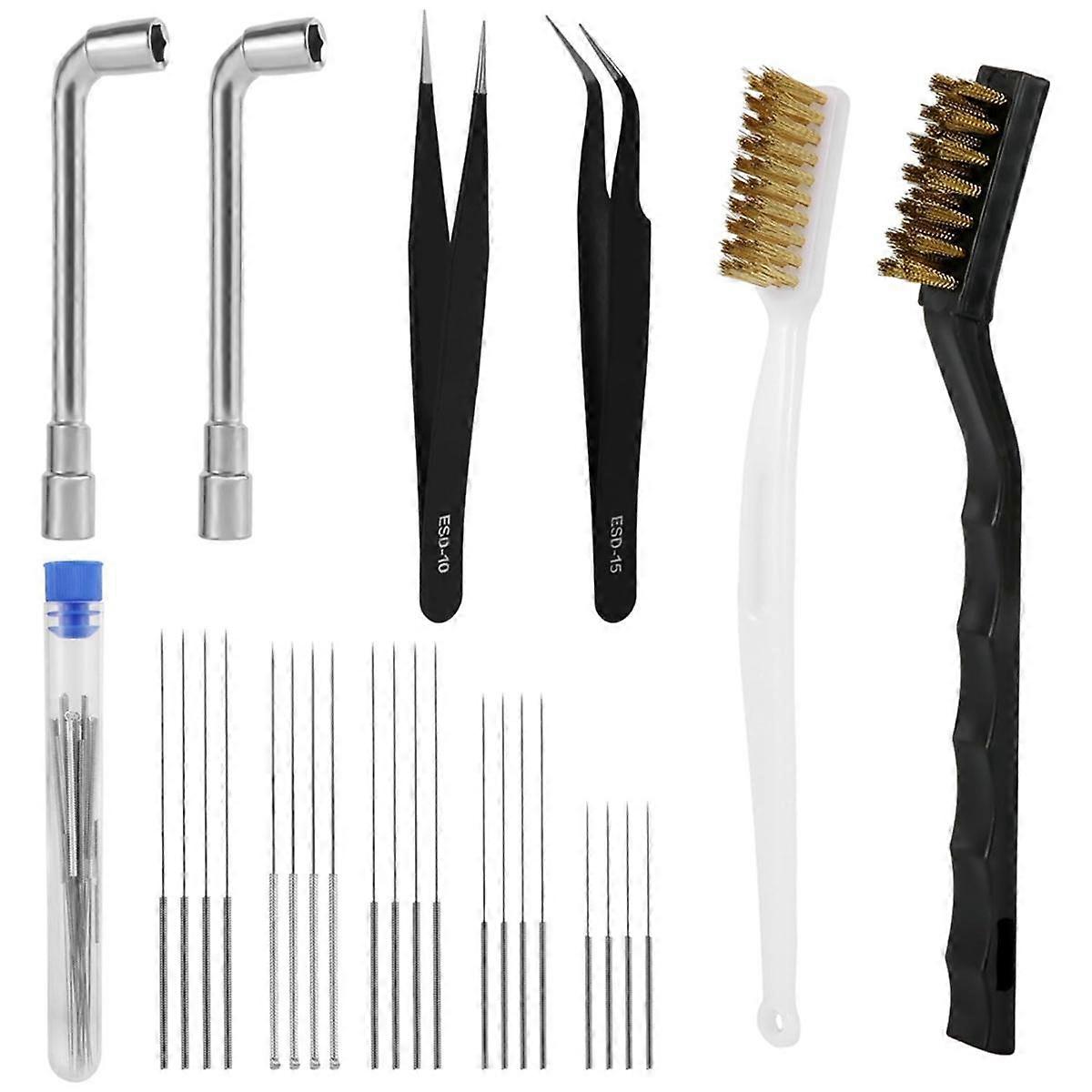 3D Printer Nozzle Cleaning Kit, 20 Nozzle Cleaning Pins/Needles 2 Wire Brushes 2 L-Shaped Wrenches 2 Tweezers