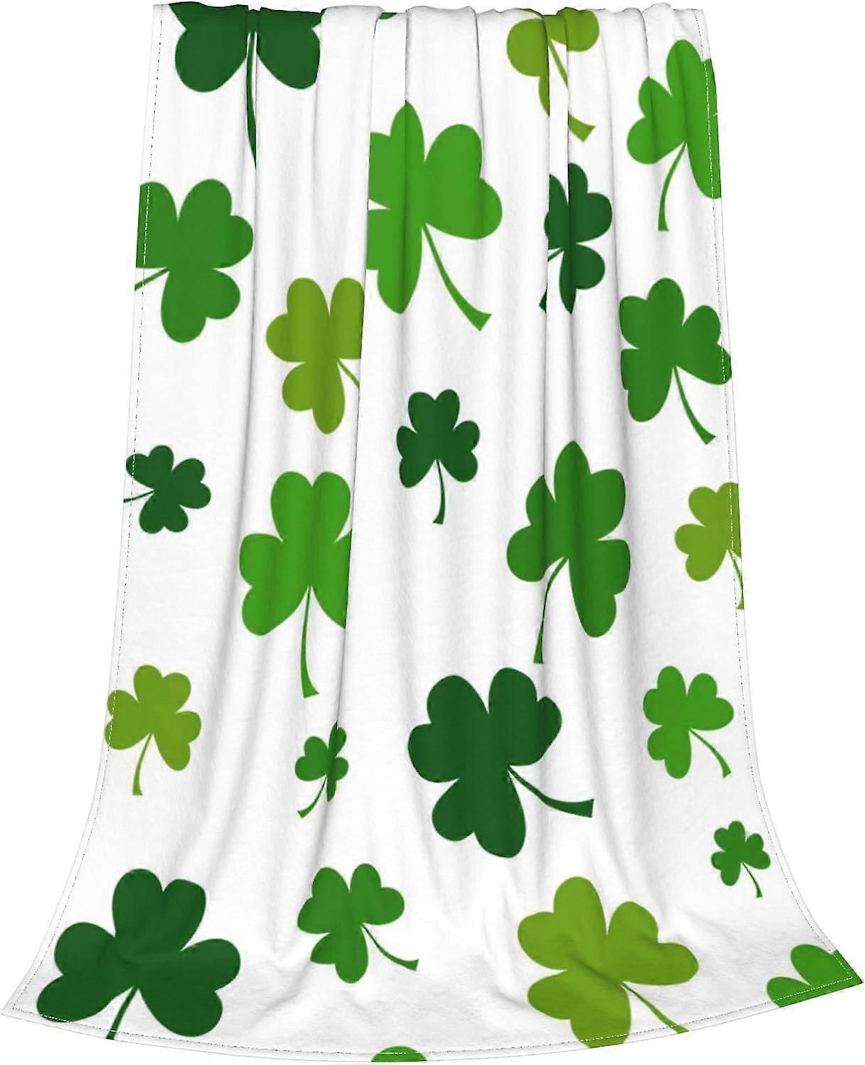 St Patrick Throw Blanket Shamrock Green Leaves Coach Blankets Green Lucky Clover Lightweight Cozy Soft Flannel Bed Blanket for Living Room Couch Chair
