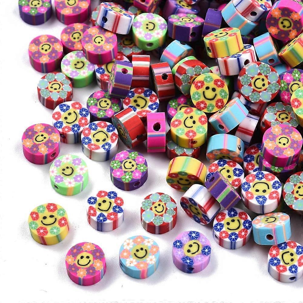 100pc Handmade Polymer Clay Beads Flat Round with Smiling Face & Flower Mixed Color 8.5~10x4.5mm Hole: 1.5mm