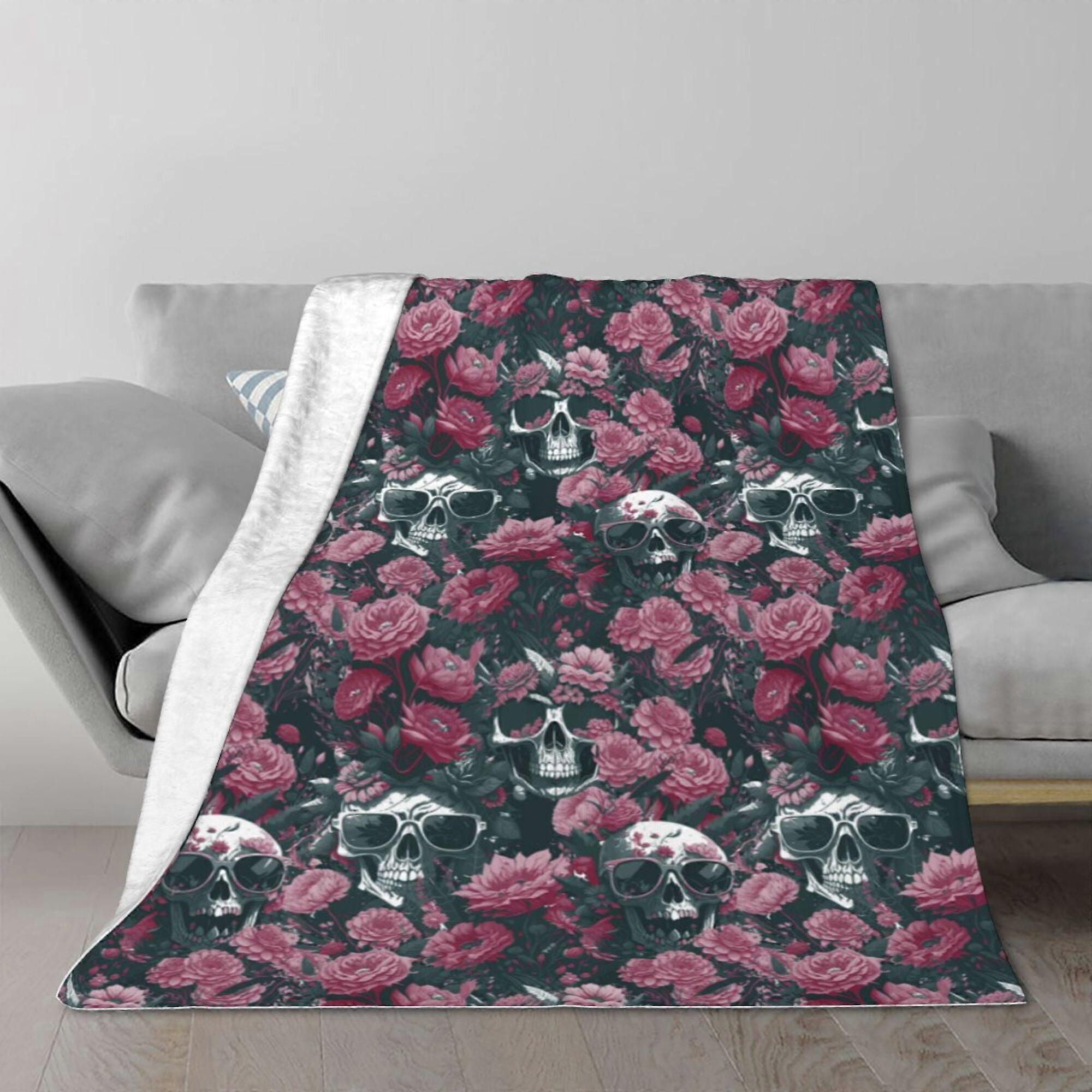 Cobertores de Ar Condicionado Aconchegantes e Macios com Estampa de Flores Rosa com Caveiras Mortas-ZXWQ56