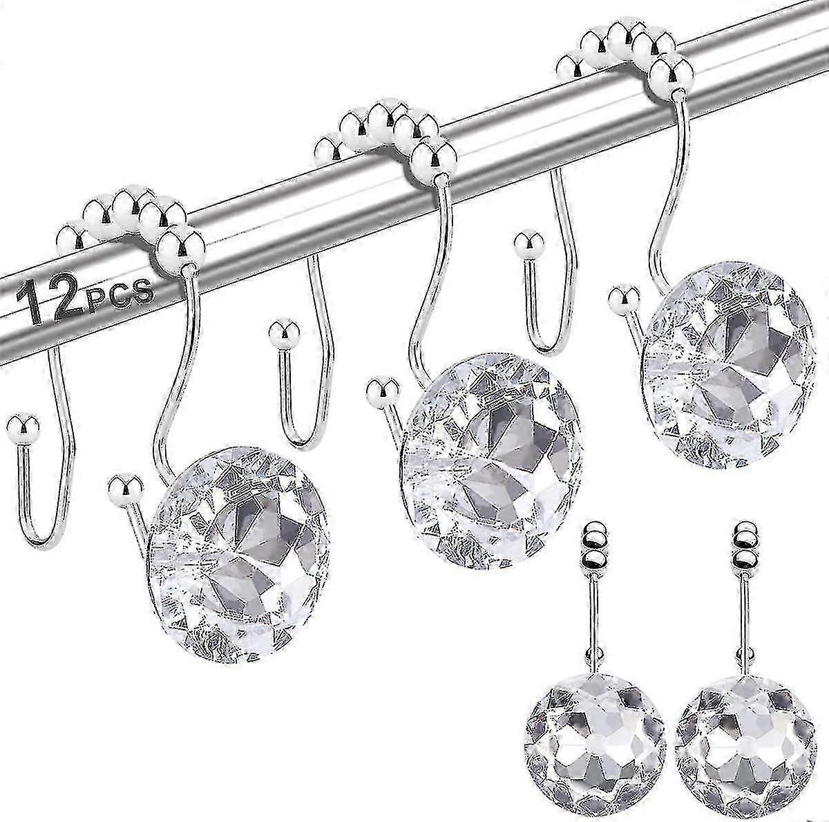 12pcs Shower Curtain Hooks Rings For Bathroom, Double Hooks Glide Anti Rust Crystal Rhinestones Hooks Rods Curtains And Liner