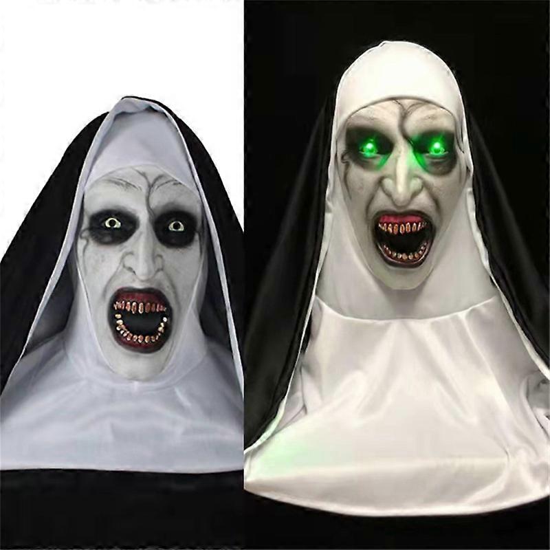 The Nun Scary Latex Mask Horror Led Light Up Masks with Headscarf Women Nun Conjuring Costume Halloween Party Props