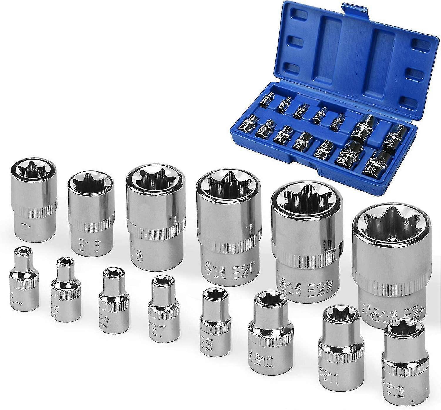 Set Of 14 E4 - E24 Female Sockets On 1/4", 1/2", 3/8" Rail Set Of 14 E4 - E24 Female Sockets On 1/4", 1/2", 3/8" Rail Cisea Hy