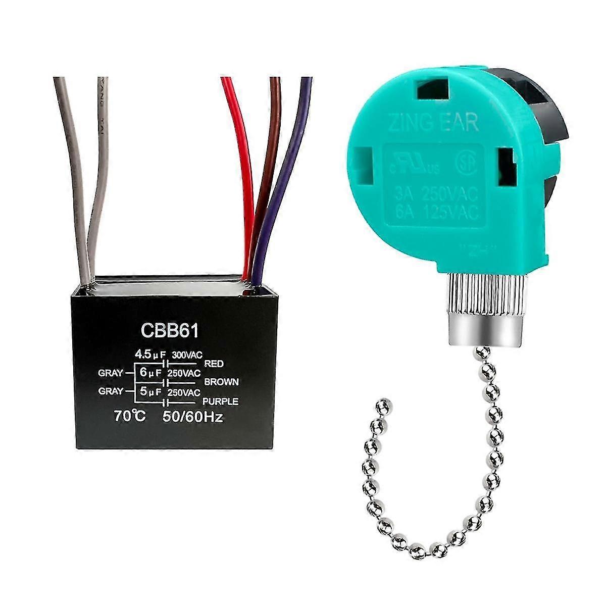 Ceiling Fan Pull Chain Switch 3 Speed 4 Wire, Ceiling Fan Capacitor CBB61 4.5Uf + 6Uf + 5Uf 5 WIRE