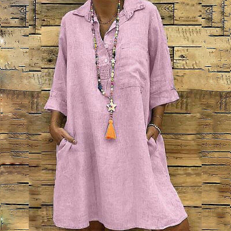 Plus Taille Femmes Midi Robe Décontractée Chemise Lâche Robe d’été Robe V Col Doux