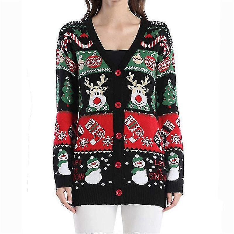 Women's Christmas Sweater Open Front Leopard Knit Cardigan Sweaters Pockets Long Sleeve Outwear WG