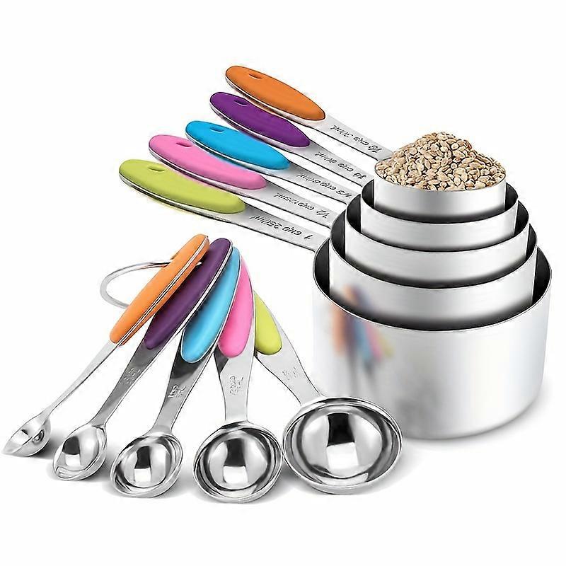 10pcs, Stainless Steel Measuring Spoon And Cup Set, Stackable 5 Measuring Cups And 5 Measuring Spoons With Soft Silicone Handles For Measure Dry And L