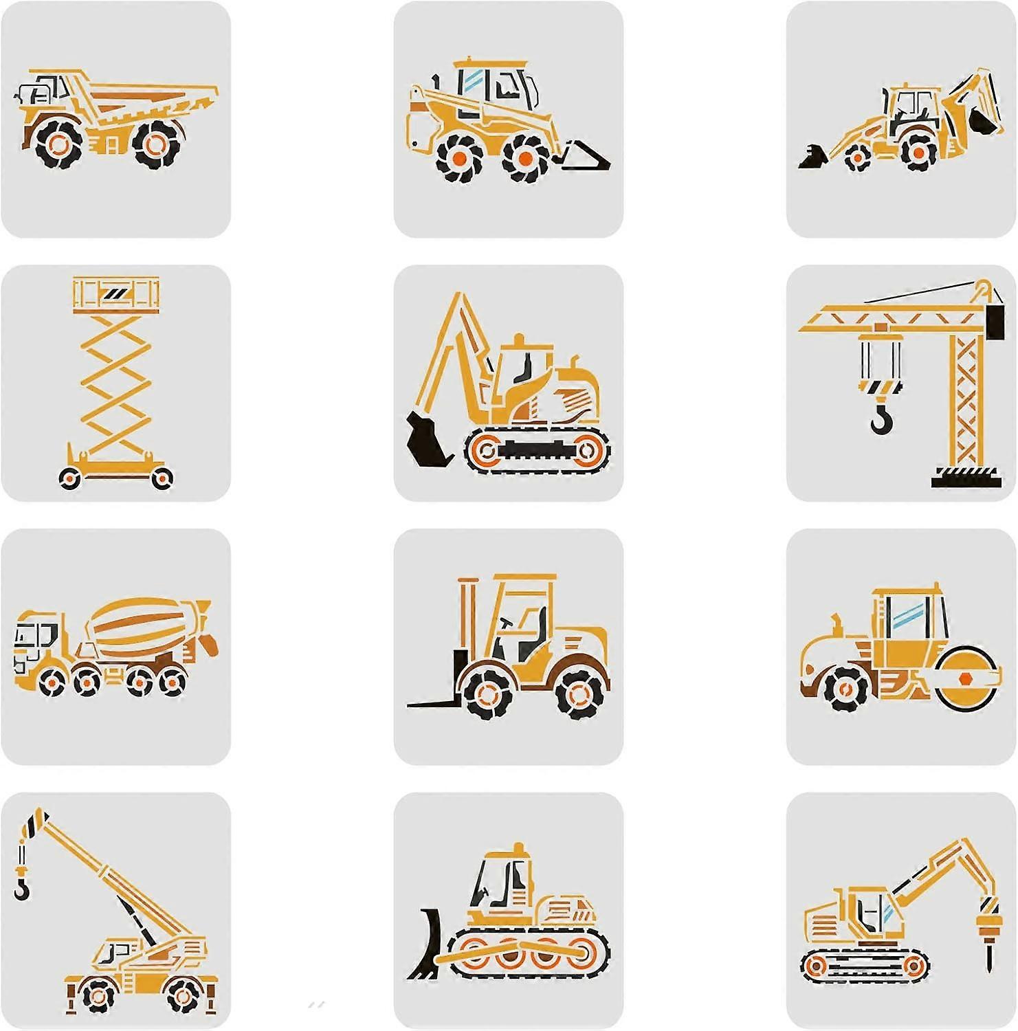 12Pcs Construction Vehicle Stencils 7.9x7.9 inch Reusable Truck Stencils Plastic Forklifts Excavators Cranes Mixers Pattern Stencil Reusable Construct