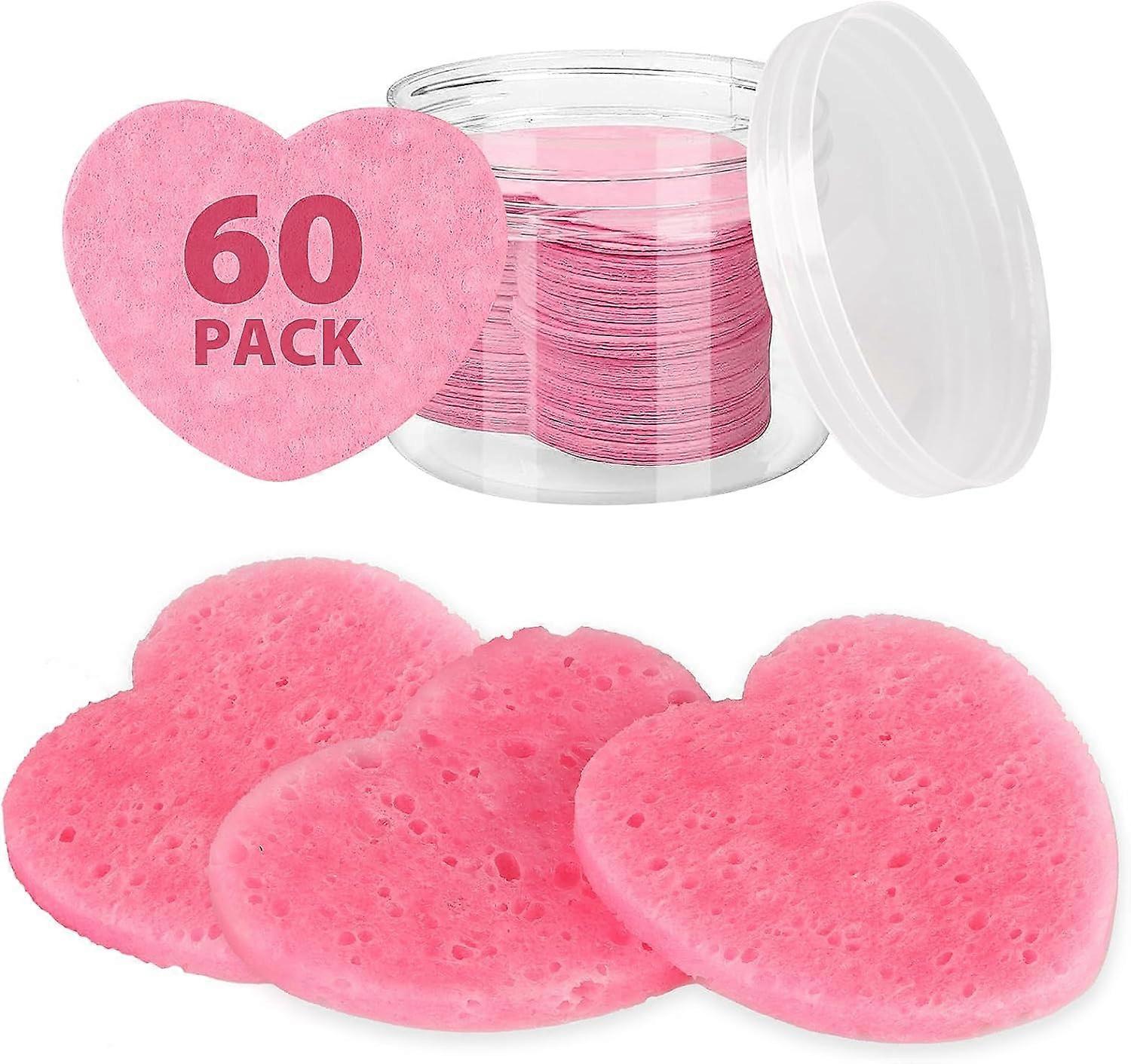 60 Count Compressed Facial Sponges, Heart Shape Compressed Face Sponge, 100% Natural Sponge Pads for Face Cleansing Makeup Removal
