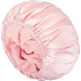 Shower Cap,Extra Large Triple Layer Bathing Cap with Dry Hair Function for Women, Waterproof Reusable Long Hair Bath Caps (Pink)